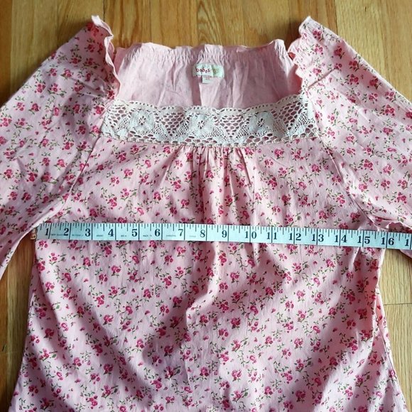 Vintage Ditsy Floral Long Sleeve Print Feminine Square Neck Lace Trim - Picture 11 of 16